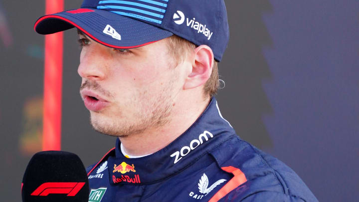 May 4, 2024; Miami Gardens, Florida, USA; Red Bull Racing driver Max Verstappen (1) after qualifying P1 for the Miami Grand Prix at Miami International Autodrome. Mandatory Credit: John David Mercer-USA TODAY Sports