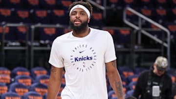 May 10, 2025; New York, New York, USA; New York Knicks center Mitchell Robinson (23) warms up prior to game three of the second round for the 2025 NBA Playoffs against the Boston Celtics at Madison Square Garden. Mandatory Credit: Wendell Cruz-Imagn Images