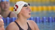 Jun 3, 2017; Santa Clara, CA, USA; Stanford swimmer Katie Ledecky looks at the scoreboard after the A Finals of the Women's 200m Freestyle at George F. Haines International Swim Center. Mandatory Credit: Stan Szeto-Imagn Images