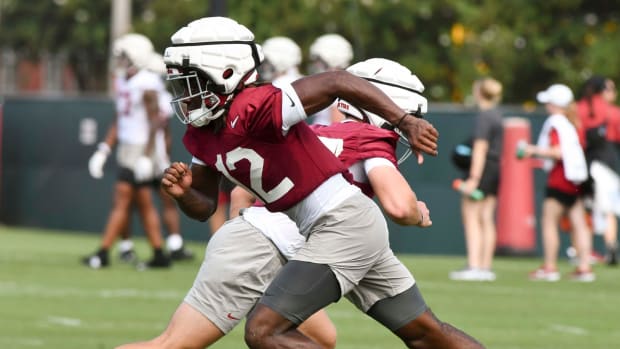 The Crimson Tide football team at practice earlier this month preparing for the first season under DeBoer.