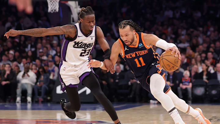 Apr 4, 2024; New York, New York, USA; New York Knicks guard Jalen Brunson (11) drives to the basket against Sacramento Kings guard Keon Ellis (23) during the first quarter at Madison Square Garden. Mandatory Credit: Brad Penner-Imagn Images