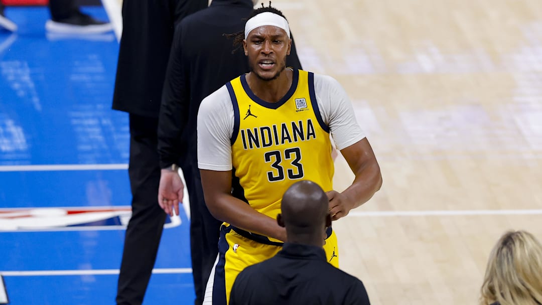 Jun 16, 2025; Oklahoma City, Oklahoma, USA; Indiana Pacers center Myles Turner (33) reacts during the third quarter against the Oklahoma City Thunder in game five of the 2025 NBA Finals at Paycom Center. Mandatory Credit: Alonzo Adams-Imagn Images
