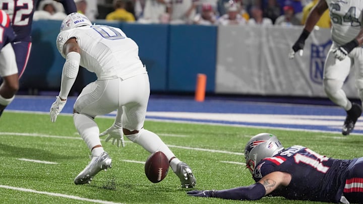 Bills receiver Keon Coleman fumbles against the Patriots Sunday night.