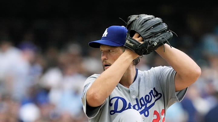 Dodgers pitcher Clayton Kershaw (22) throws a pitch during the first inning against the Milwaukee Brewers at American Family Field on July 8. Dodgers pitcher Clayton Kershaw (22) throws a pitch during the first inning against the Milwaukee Brewers at American Family Field on July 8.