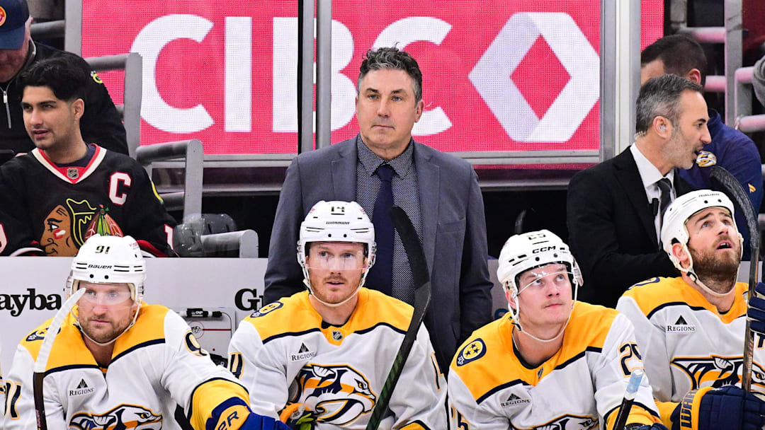 Feb 7, 2025; Chicago, Illinois, USA; Nashville Predators head coach Andrew Brunette looks on against the Chicago Blackhawks during the first period at the United Center. Mandatory Credit: Daniel Bartel-Imagn Images