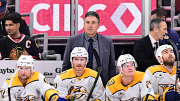 Feb 7, 2025; Chicago, Illinois, USA; Nashville Predators head coach Andrew Brunette looks on against the Chicago Blackhawks during the first period at the United Center. Mandatory Credit: Daniel Bartel-Imagn Images
