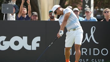 Sep 22, 2024; Carrolton, Texas, USA; Jinichiro Kozuma of the Iron Heads GC plays his shot from the tenth tee during the LIV Golf Dallas Team Championship Finals at Maridoe Golf Club. Mandatory Credit: Jim Cowsert-Imagn Images