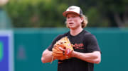 Apr 24, 2024; Anaheim, California, USA;  Baltimore Orioles second base Jackson Holliday (7) takes the field before the game against the Los Angeles Angels at Angel Stadium.