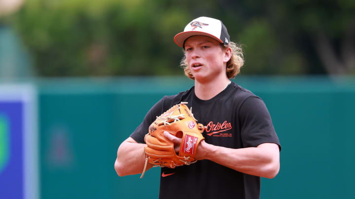 Apr 24, 2024; Anaheim, California, USA;  Baltimore Orioles second base Jackson Holliday (7) takes the field before the game against the Los Angeles Angels at Angel Stadium.