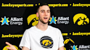 Iowa guard Connor McCaffery speaks to reporters during a men's basketball media availability, Sunday, March 12, 2023, at Carver-Hawkeye Arena in Iowa City, Iowa.