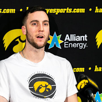 Iowa guard Connor McCaffery speaks to reporters during a men's basketball media availability, Sunday, March 12, 2023, at Carver-Hawkeye Arena in Iowa City, Iowa.