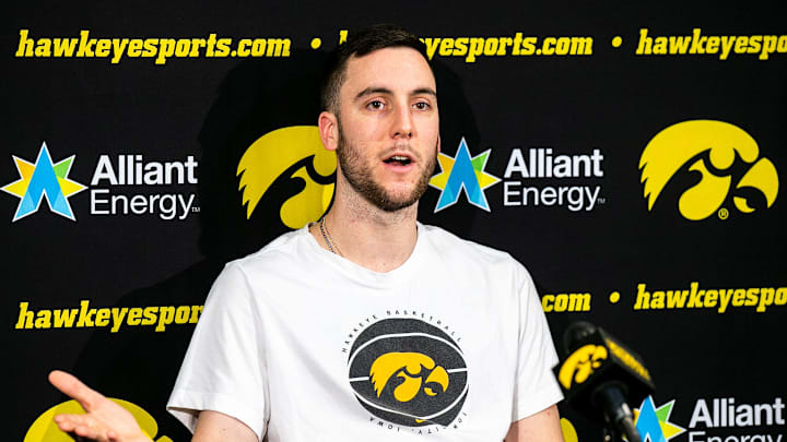 Iowa guard Connor McCaffery speaks to reporters during a men's basketball media availability, Sunday, March 12, 2023, at Carver-Hawkeye Arena in Iowa City, Iowa.