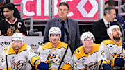 Feb 7, 2025; Chicago, Illinois, USA; Nashville Predators head coach Andrew Brunette looks on against the Chicago Blackhawks during the first period at the United Center. Mandatory Credit: Daniel Bartel-Imagn Images