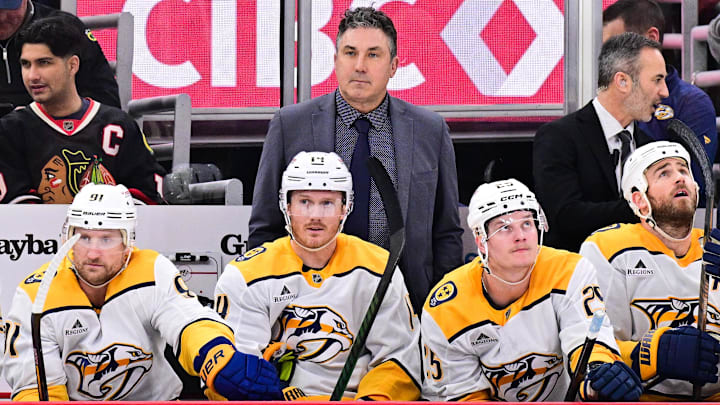 Feb 7, 2025; Chicago, Illinois, USA; Nashville Predators head coach Andrew Brunette looks on against the Chicago Blackhawks during the first period at the United Center. Mandatory Credit: Daniel Bartel-Imagn Images