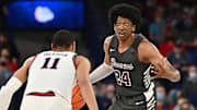 Feb 19, 2022; Spokane, Washington, USA; Santa Clara Broncos guard Jalen Williams (24) brings the ball down court against Gonzaga Bulldogs guard Nolan Hickman (11) in the second half at McCarthey Athletic Center. Mandatory Credit: James Snook-Imagn Images