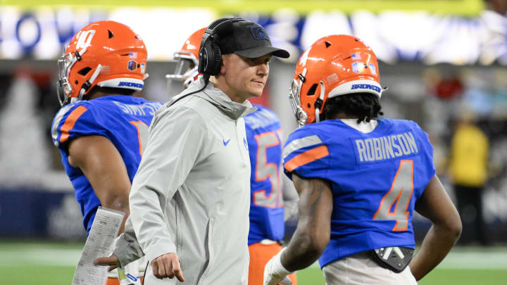 Dec 16, 2023; Inglewood, CA, USA; Boise State Broncos head coach Spencer Danielson reacts during the third quarter against the UCLA Bruins in the Starco Brands LA Bowl at SoFi Stadium. Mandatory Credit: Robert Hanashiro-USA TODAY Sports