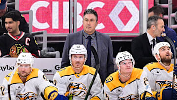 Feb 7, 2025; Chicago, Illinois, USA; Nashville Predators head coach Andrew Brunette looks on against the Chicago Blackhawks during the first period at the United Center. Mandatory Credit: Daniel Bartel-Imagn Images