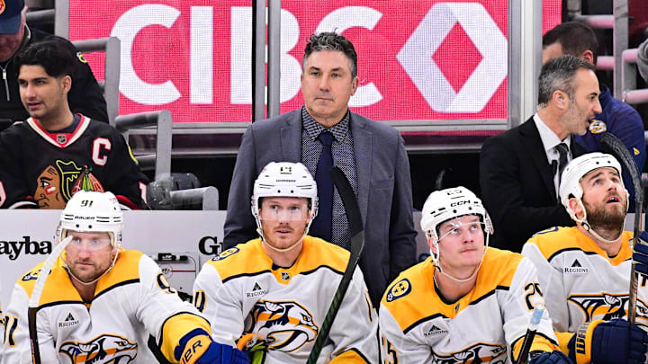 Feb 7, 2025; Chicago, Illinois, USA; Nashville Predators head coach Andrew Brunette looks on against the Chicago Blackhawks during the first period at the United Center. Mandatory Credit: Daniel Bartel-Imagn Images
