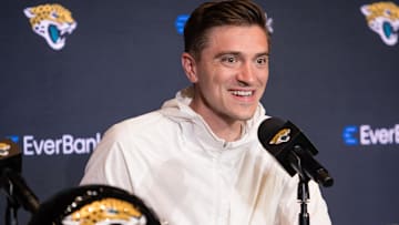 Apr 25, 2025; Jacksonville, FL, USA; Jacksonville Jaguars head general manager James Gladstone talks to the media during a press conference to introduce first round draft pick Travis Hunter (not pictured) at Miller Electric Center. Mandatory Credit: Travis Register-Imagn Images