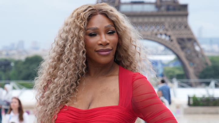 Jul 26, 2024; Paris, FRANCE;  Serena Williams arrives on the red carpet before the Opening Ceremony for the Paris 2024 Olympic Summer Games along the Seine River. Mandatory Credit: James Lang-USA TODAY Sports