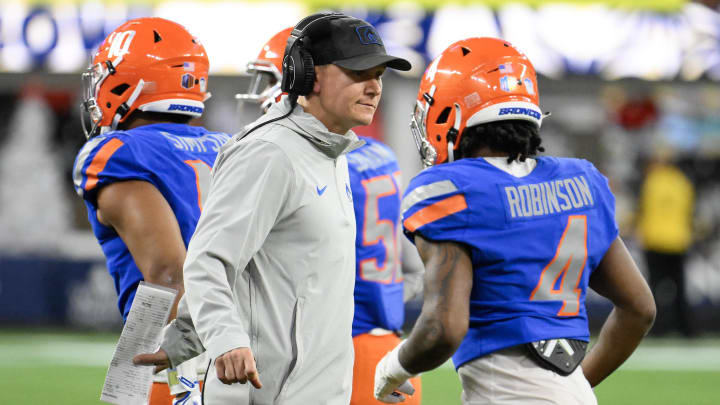 Dec 16, 2023; Inglewood, CA, USA; Boise State Broncos head coach Spencer Danielson reacts during the third quarter against the UCLA Bruins in the Starco Brands LA Bowl at SoFi Stadium. Mandatory Credit: Robert Hanashiro-USA TODAY Sports