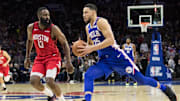 Jan 21, 2019; Philadelphia, PA, USA; Philadelphia 76ers guard Ben Simmons (25) drives against Houston Rockets guard James Harden (13) during the third quarter at Wells Fargo Center. Mandatory Credit: Bill Streicher-Imagn Images