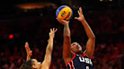 Jul 19, 2024; Phoenix, AZ, USA; Team USA U23 player Cotie McMahon (9) shoots the ball against Team USA player Cierra Burdick (7) in the 3x3 showcase during the WNBA All-Star Skills Night at the Footprint Center. Mandatory Credit: Mark J. Rebilas-USA TODAY Sports