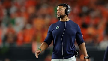Aug 31, 2025; Miami Gardens, Florida, USA; Notre Dame Fighting Irish head coach Marcus Freeman reacts during the second quarter at Hard Rock Stadium. Mandatory Credit: Sam Navarro-Imagn Images