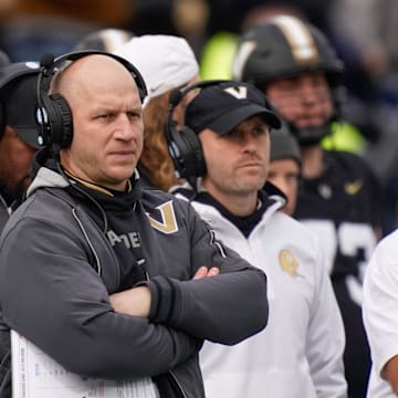 Vanderbilt head coach Clark Lea studies the field during the third quarter at FirstBank Stadium in Nashville, Tenn., Saturday, Nov. 30, 2024.