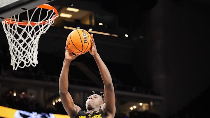 Mar 11, 2025; Kansas City, MO, USA; Arizona State Sun Devils guard Joson Sanon (3) drives to the basket during the second half against the Kansas State Wildcats at T-Mobile Center. Mandatory Credit: William Purnell-Imagn Images