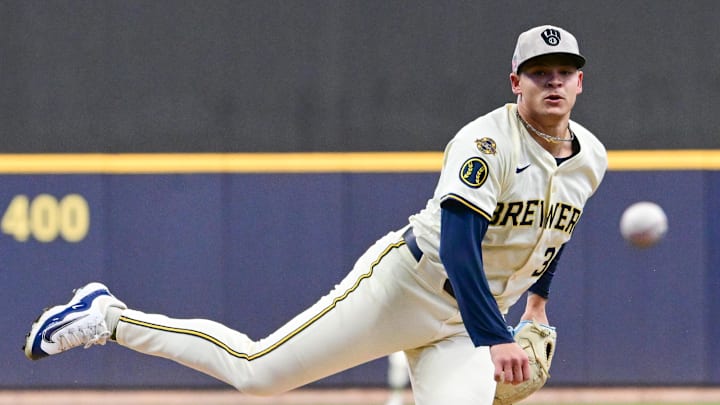 May 17, 2025; Milwaukee, Wisconsin, USA;  Milwaukee Brewers starting pitcher Tobias Myers (36) throws a pitch in the first inning against the Minnesota Twins at American Family Field. Mandatory Credit: Benny Sieu-Imagn Images