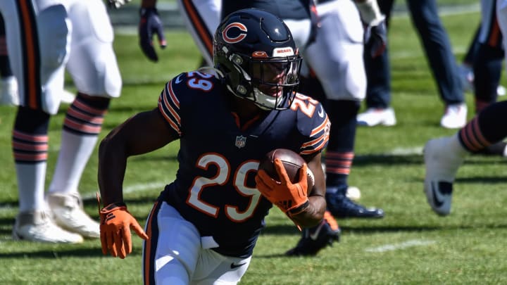 Sep 20, 2020; Chicago, IL; Chicago Bears running back Tarik Cohen (29) warms up before the game against the New York Giants at Soldier Field.  