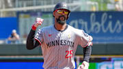 Sep 7, 2025; Kansas City, Missouri, USA; Minnesota Twins center fielder Byron Buxton (25) celebrates while running the bases after hitting a solo home run against the Kansas City Royals during the first inning at Kauffman Stadium. Mandatory Credit: Denny Medley-Imagn Images