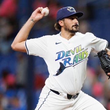 Jun 28, 2024; St. Petersburg, Florida, USA;  Tampa Bay Rays pitcher Zach Eflin (24) throws a pitch against the Washington Nationals in the first inning at Tropicana Field