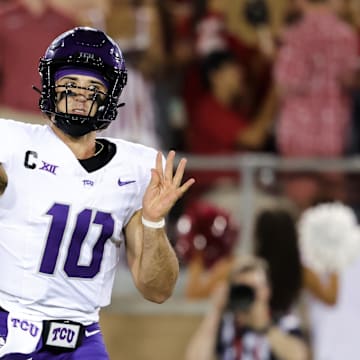 Aug 30, 2024; Stanford, California, USA; TCU Horned Frogs quarterback Josh Hoover (10) throws a pass during the second quarter against the Stanford Cardinal at Stanford Stadium. Mandatory Credit: Sergio Estrada-Imagn Images