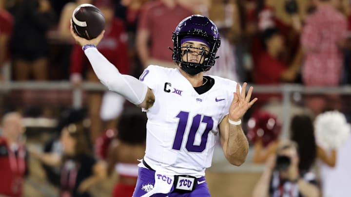 Aug 30, 2024; Stanford, California, USA; TCU Horned Frogs quarterback Josh Hoover (10) throws a pass during the second quarter against the Stanford Cardinal at Stanford Stadium. Mandatory Credit: Sergio Estrada-Imagn Images