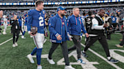 Dec 29, 2024; East Rutherford, New Jersey, USA; New York Giants quarterback Drew Lock (2) and head coach Brian Daboll walks off the field after defeating the Indianapolis Colts at MetLife Stadium.  
