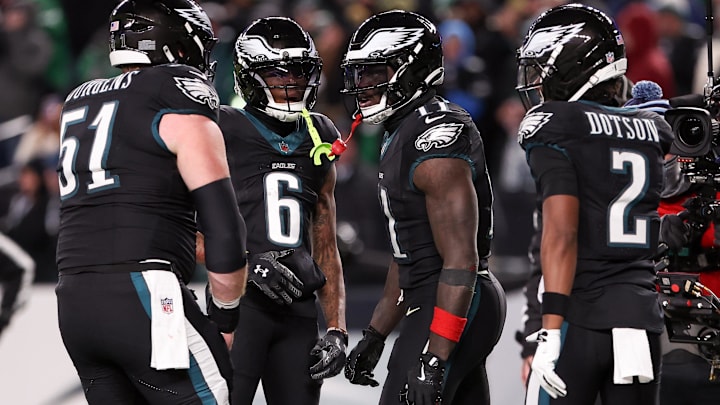 Nov 28, 2025; Philadelphia, Pennsylvania, USA; Philadelphia Eagles wide receiver A.J. Brown (11) celebrates a touchdown against the Chicago Bears with teammates during the third quarter of the game at Lincoln Financial Field. Mandatory Credit: Bill Streicher-Imagn Images