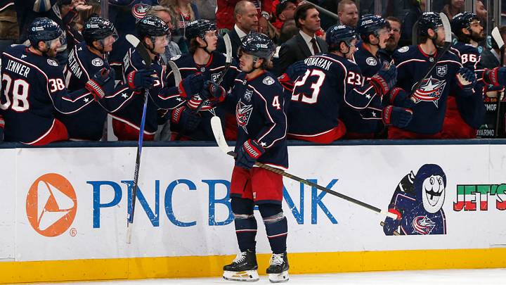 Mar 21, 2026; Columbus, Ohio, USA; Columbus Blue Jackets center Cole Sillinger (4) celebrates his goal against the Seattle Kraken during the third period at Nationwide Arena. Mandatory Credit: Russell LaBounty-Imagn Images