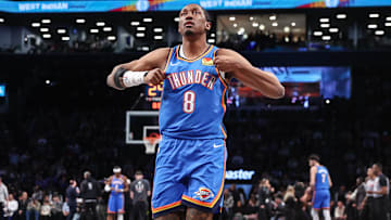 Feb 26, 2025; Brooklyn, New York, USA;  Oklahoma City Thunder forward Jalen Williams (8) takes the court at the start of the game against the Brooklyn Nets at Barclays Center. Mandatory Credit: Wendell Cruz-Imagn Images