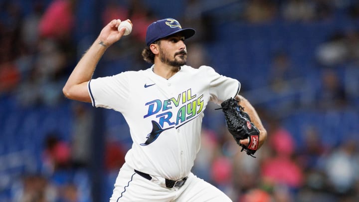 Jun 28, 2024; St. Petersburg, Florida, USA;  Tampa Bay Rays pitcher Zach Eflin (24) throws a pitch against the Washington Nationals in the first inning at Tropicana Field. Mandatory Credit: Nathan Ray Seebeck-USA TODAY Sports