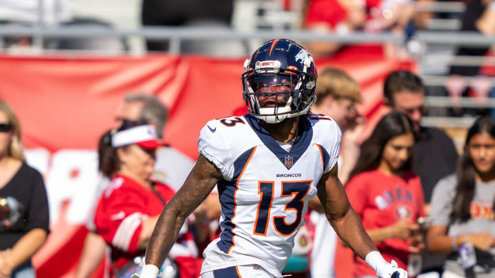 August 19, 2023; Santa Clara, California, USA; Denver Broncos cornerback Delonte Hood (13) warms up before the game against the San Francisco 49ers at Levi's Stadium. Mandatory Credit: Kyle Terada-USA TODAY Sports