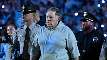 Sep 1, 2025; Chapel Hill, North Carolina, USA; North Carolina Tar Heels head coach Bill Belichick walks on to the field before the game at Kenan Stadium. Mandatory Credit: Bob Donnan-Imagn Images