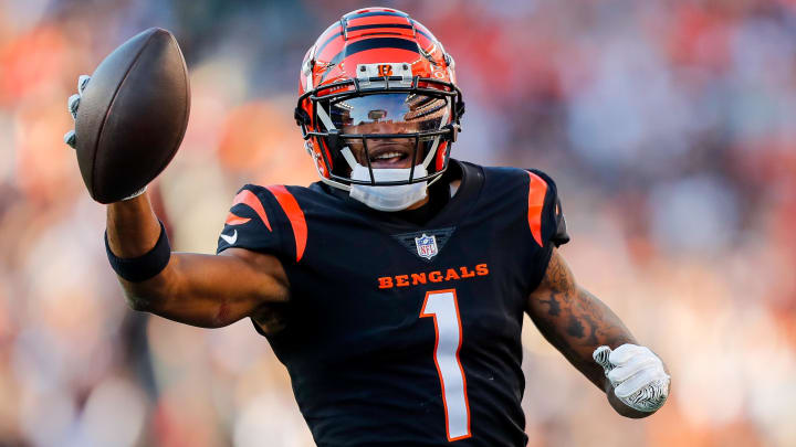 Nov 12, 2023; Cincinnati, Ohio, USA; Cincinnati Bengals wide receiver Ja'Marr Chase (1) runs the ball in for a touchdown against the Houston Texans in the second half at Paycor Stadium. 