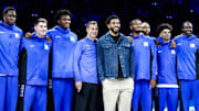 Oct 3, 2025; Durham, NC, USA;  Jayson Tatum, NBA Boston Celtics Player helps coach alongside Duke Blue Devils head coach Jon Scheyer during the Countdown to Craziness at the Cameron Indoor Stadium. Mandatory Credit: Jaylynn Nash-Imagn Images