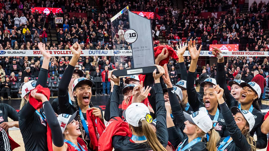 Nebraska Cornhuskers setter Bergen Reilly (2) hoists the 2025 Big Ten Volleyball Champions trophy to her teammates. Nebraska Cornhuskers setter Bergen Reilly (2) hoists the 2025 Big Ten Volleyball Champions trophy to her teammates.
