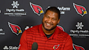 Calais Campbell, defensive lineman, speaks to the media about his return to the Arizona Cardinals after an eight-year absence during a press conference on April 10, 2025, in Phoenix, Ariz., at the Arizona Cardinals Training Facility.