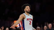 Mar 19, 2025; Miami, Florida, USA; Detroit Pistons guard Cade Cunningham (2) reacts after scoring against the Miami Heat during the fourth quarter at Kaseya Center. Mandatory Credit: Sam Navarro-Imagn Images