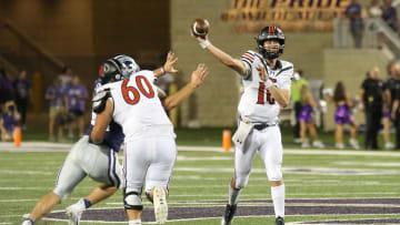 Sep 2, 2023; Manhattan, Kansas, USA; Southeast Missouri State Redhawks quarterback Paxton DeLaurent.