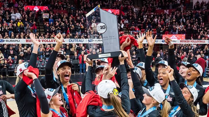 Nebraska Cornhuskers setter Bergen Reilly (2) hoists the 2025 Big Ten Volleyball Champions trophy to her teammates. Nebraska Cornhuskers setter Bergen Reilly (2) hoists the 2025 Big Ten Volleyball Champions trophy to her teammates.